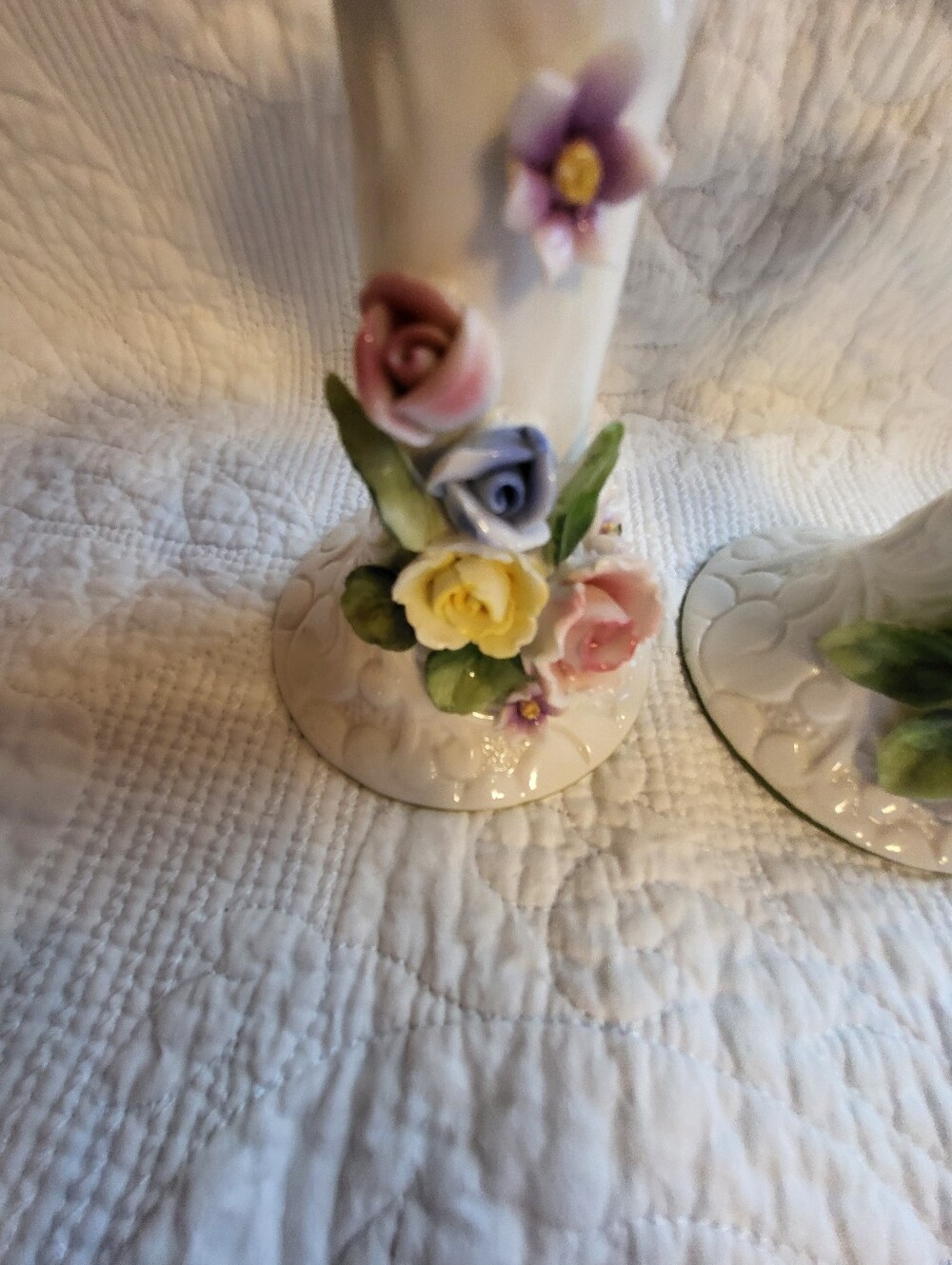 Set Of 2 Porcelain White Floral 5 Inch Candle Holders in with Pastel Roses - Picture 5 of 16